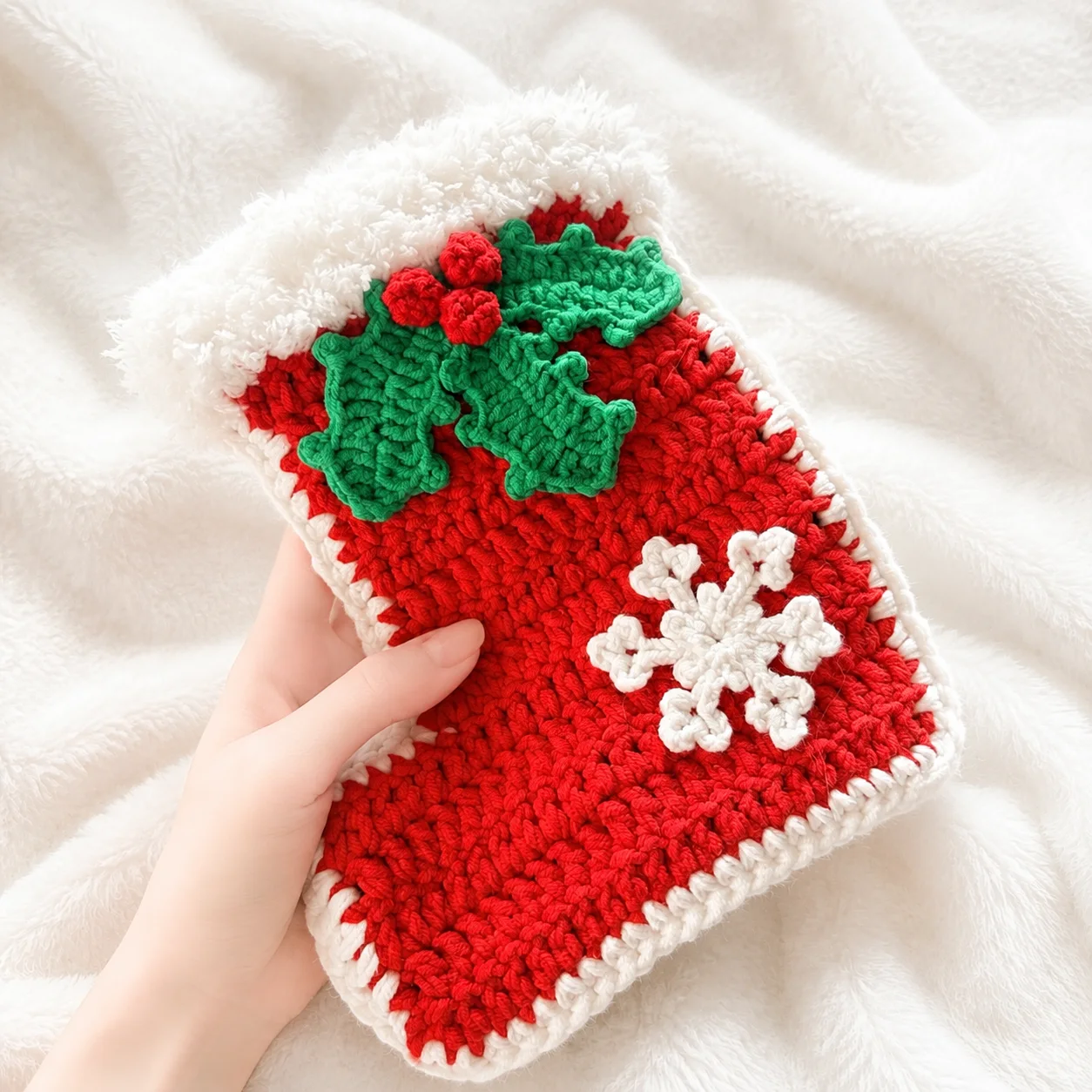 Red side of a crochet Christmas stocking with green holly leaves, red berries, a white snowflake and a fluffy cream cuff, held in a hand