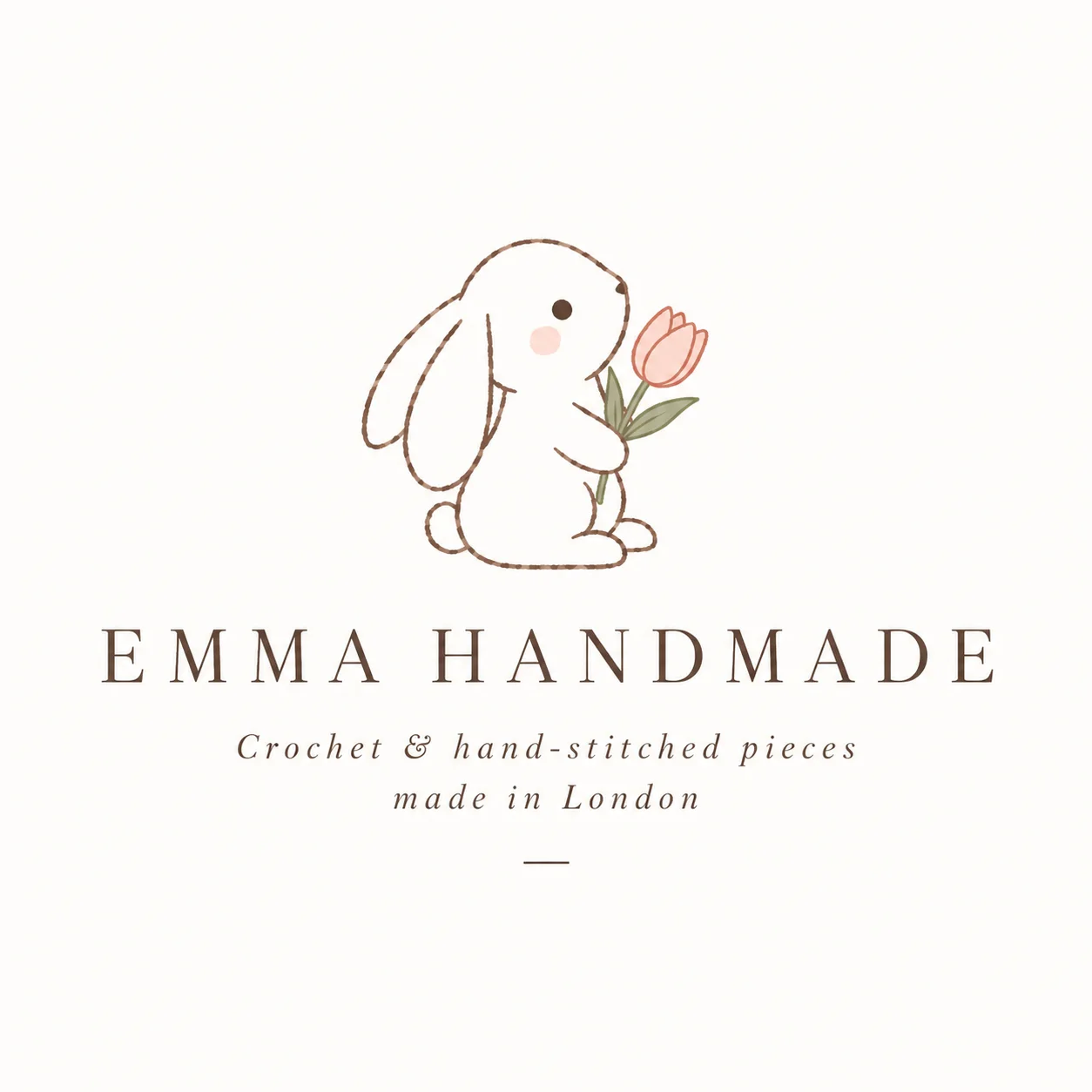 Original Emma Handmade logo: a floppy-eared rabbit holding a pink tulip; Crochet & hand-stitched pieces made in London