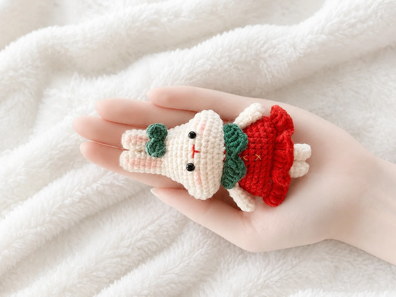 Small white crochet bunny wearing a red dress with a green collar and matching bow, resting in a hand